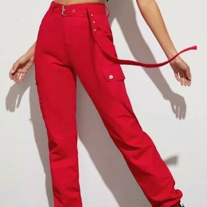 Red Adjustable Belted Cargo Pants